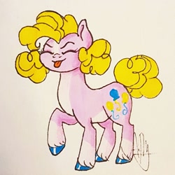 Size: 770x769 | Tagged: safe, artist:galaxy.in.mind, pinkie pie, earth pony, pony, g4, eyes closed, female, hoof polish, mare, raised hoof, redesign, signature, tongue out, traditional art