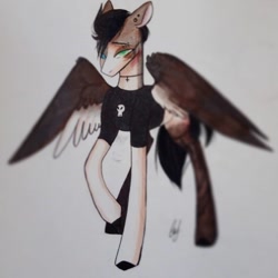 Size: 1080x1080 | Tagged: safe, artist:_quantumness_, oc, oc only, pegasus, pony, bust, clothes, ear piercing, jewelry, necklace, pegasus oc, piercing, raised hoof, signature, solo, traditional art, wings