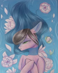 Size: 769x961 | Tagged: safe, artist:_quantumness_, oc, oc only, earth pony, pony, bedroom eyes, earth pony oc, floating, flower, lying down, on back, solo, traditional art, water