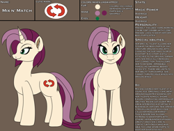 Size: 2400x1800 | Tagged: safe, artist:novaspark, oc, oc only, oc:mix n' match, pony, colored, cutie mark, female, flat colors, reference sheet, solo