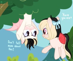 Size: 2048x1718 | Tagged: safe, artist:shinningblossom12, oc, oc only, bat pony, pony, bat pony oc, bat wings, bow, colt, cute, dialogue, female, filly, flying, frown, hair bow, hanging, male, outdoors, smiling, tree, underhoof, upside down, wings
