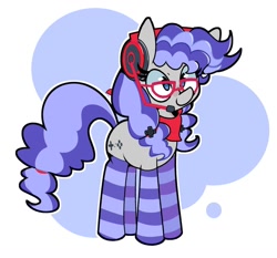 Size: 1280x1195 | Tagged: safe, artist:kindakismet, oc, oc only, oc:cinnabyte, earth pony, pony, bandana, clothes, commission, curly hair, female, glasses, headphones, mare, pigtails, simple background, socks, solo, striped socks, white background