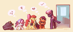 Size: 2711x1206 | Tagged: safe, artist:luciferamon, edit, apple bloom, cheerilee, scootaloo, sweetie belle, earth pony, pegasus, pony, unicorn, g4, back to school, bag, book, classroom, cutie mark, cutie mark crusaders, female, filly, first day of school, magic, mare, mouth hold, saddle bag, scroll, the cmc's cutie marks