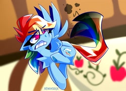 Size: 2845x2069 | Tagged: safe, artist:nekosnicker, rainbow dash, pegasus, pony, g4, the last roundup, chest fluff, eye clipping through hair, female, flying, frown, high res, mare, scene interpretation, singed, solo, spread wings, wings