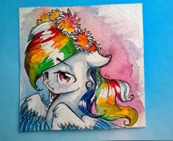 Size: 1782x1456 | Tagged: safe, artist:kiwwsplash, oc, oc only, pegasus, pony, bust, floral head wreath, flower, multicolored hair, pegasus oc, rainbow hair, solo, traditional art, two toned wings, wings