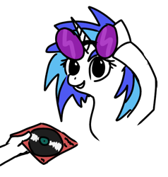 Size: 570x600 | Tagged: safe, artist:anonymous, dj pon-3, vinyl scratch, pony, unicorn, g4, disembodied hand, female, hand, record, simple background, vinyl's glasses, white background