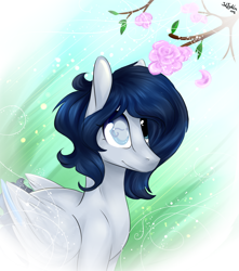 Size: 1362x1543 | Tagged: safe, artist:intfighter, oc, oc only, pegasus, pony, flower, grass, outdoors, pegasus oc, solo, tree, wings