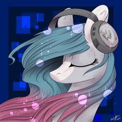 Size: 2000x2000 | Tagged: safe, artist:intfighter, oc, oc only, earth pony, pony, abstract background, bust, earth pony oc, eyes closed, headphones, high res, signature, solo