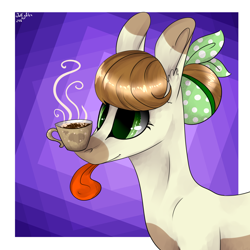 Size: 2000x2000 | Tagged: safe, artist:intfighter, oc, oc only, earth pony, pony, abstract background, balancing, bust, coffee, cup, earth pony oc, high res, solo, tongue out