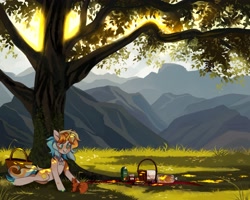 Size: 3655x2923 | Tagged: safe, artist:natella08288818, oc, oc only, pony, squirrel, unicorn, basket, bread, food, high res, jam, juice, mountain, picnic, picnic basket, picnic blanket, sandwich, scenery, solo, tree