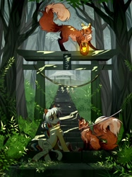 Size: 1612x2160 | Tagged: safe, artist:natella08288818, oc, oc only, earth pony, fox, pony, dappled sunlight, forest, lantern, solo, stairs, sword, torii, weapon