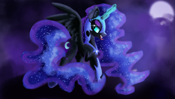 Size: 3840x2160 | Tagged: safe, artist:sadtrooper, nightmare moon, alicorn, pony, g4, female, high res, painting, sharp teeth, solo, teeth, tongue out