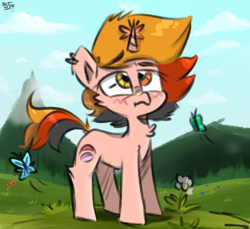 Size: 1700x1560 | Tagged: safe, artist:mjsw, oc, oc only, oc:majuvelliy, butterfly, pony, unicorn, blushing, butterfly on horn, cute, female, horn, mare, solo