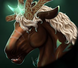 Size: 1948x1693 | Tagged: safe, artist:depixelator, oc, oc:arthur charlestain, deer, earth pony, hybrid, pony, windigo, angry, antlers, blonde hair, blonde mane, bust, commission open, curly hair, curly mane, detailed, floppy ears, glare, glowing, glowing horn, horn, looking at you, portrait, scar, sharp teeth, silver bay, simple background, snarling, staring at you, teal, teal background, teeth