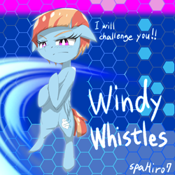 Size: 2000x2000 | Tagged: safe, artist:spahiro7, windy whistles, pegasus, pony, g4, abstract background, bipedal, challenge, female, high res, mare, serious, serious face, signature, solo, younger