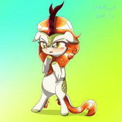 Size: 2000x2000 | Tagged: safe, artist:spahiro7, autumn blaze, kirin, g4, abstract background, awwtumn blaze, bipedal, blushing, cute, female, floppy ears, gradient background, high res, mare, signature, solo