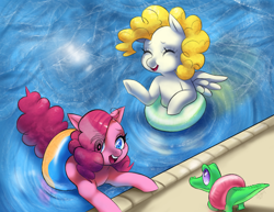 Size: 5500x4250 | Tagged: safe, artist:1eg, gummy, pinkie pie, surprise, alligator, earth pony, pegasus, pony, g4, cute, female, happy, inner tube, male, mare, pool party, swimming pool