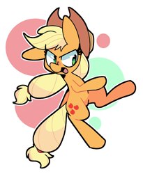 Size: 1800x2200 | Tagged: safe, artist:kindakismet, applejack, earth pony, pony, g4, abstract background, cowboy hat, female, hat, kicking, mare, simple background, solo