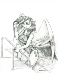 Size: 1000x1290 | Tagged: safe, artist:baron engel, fluttershy, pegasus, anthro, g4, breasts, busty fluttershy, clothes, female, mare, monochrome, one-piece swimsuit, pencil drawing, solo, swimming pool, swimsuit, traditional art, wet, wet mane