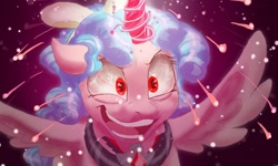 Size: 1280x768 | Tagged: safe, artist:shaslan, cozy glow, alicorn, pony, g4, alicorn amulet, alicornified, cozycorn, crazy glow, evil grin, female, glowing horn, grin, horn, insanity, race swap, simple background, smiling, solo, sparks, spread wings, this will not end well, wings