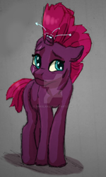 Size: 1280x2134 | Tagged: safe, artist:shaslan, fizzlepop berrytwist, tempest shadow, pony, unicorn, g4, broken horn, cute, deviantart watermark, eye scar, female, filly, filly tempest shadow, floppy ears, frown, gray background, horn, obtrusive watermark, sad, scar, simple background, solo, sparkling horn, teenager, tempestbetes, watermark, younger