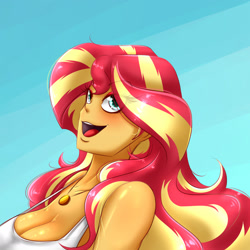 Size: 1600x1600 | Tagged: safe, artist:albertbm, sunset shimmer, equestria girls, g4, breasts, busty sunset shimmer, cleavage, faic, female, looking at you, open mouth, solo