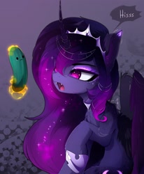 Size: 2894x3510 | Tagged: safe, artist:magnaluna, princess luna, alicorn, :c, behaving like a cat, crown, cucumber, fangs, female, food, frown, hair over one eye, herbivore, high res, hissing, hoof shoes, implied princess celestia, jewelry, magic, mare, open mouth, raised hoof, regalia, teary eyes, telekinesis