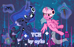 Size: 2000x1278 | Tagged: safe, artist:oyks, princess luna, oc, gamer luna, g4, canon x oc, commission, controller, game, joystick, vector, your character here