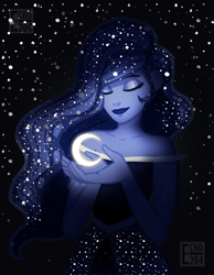 Size: 3500x4500 | Tagged: safe, artist:echo-204, princess luna, human, g4, beautiful, clothes, crescent moon, dress, ethereal hair, eyes closed, female, galaxy hair, high res, humanized, moon, night, pony coloring, signature, smiling, solo, stars, sweet dreams fuel, tangible heavenly object