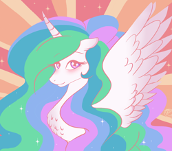 Size: 1132x998 | Tagged: safe, artist:purfectprincessgirl, princess celestia, alicorn, pony, g4, abstract background, blushing, chest fluff, female, mare, signature, smiling, solo, spread wings, wings