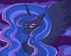 Size: 3128x2496 | Tagged: safe, artist:purfectprincessgirl, princess luna, alicorn, pony, g4, bust, cloud, ethereal mane, eyeshadow, female, high res, lidded eyes, makeup, mare, night, portrait, signature, sky, slit pupils, solo, spread wings, starry mane, stars, wings