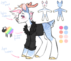 Size: 563x481 | Tagged: safe, artist:maximkoshe4ka, oc, oc only, oc:pastel frost, deer, sheep, antlers, blushing, clothes, coat, eyeshadow, makeup, male, markings, reference sheet, shirt, simple background, solo, t-shirt, unshorn fetlocks, white background