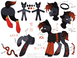 Size: 2000x1500 | Tagged: safe, artist:maximkoshe4ka, oc, oc only, oc:darkened ink, earth pony, pony, anklet, butt, chains, choker, clothes, drool, ear piercing, earring, face mask, jewelry, kanji, male, markings, mask, multicolored hair, one eye closed, open mouth, piercing, plot, raised hoof, raised leg, red and black mane, red and black oc, reference sheet, shirt, simple background, socks, solo, spiked choker, stallion, tattoo, tongue out, tongue piercing, transparent background, underhoof, wink