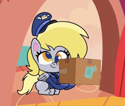Size: 552x468 | Tagged: safe, screencap, derpy hooves, pegasus, pony, g4.5, my little pony: pony life, unboxing day, box, cute, derpabetes, food, mail, mailmare