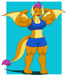 Size: 1968x2180 | Tagged: safe, artist:matchstickman, smolder, dragon, anthro, g4, clothes, dragoness, female, flexing, muscles, muscular female, one eye closed, shorts, showing off, solo, swolder, wink