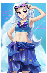 Size: 798x1240 | Tagged: safe, artist:chigusa, trixie, human, anime, armpits, belly button, bikini, breasts, clothes, dialogue, female, hand on hip, humanized, midriff, open mouth, sarong, smiling, solo, sunglasses, swimsuit
