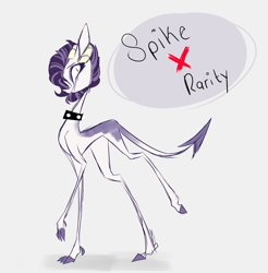 Size: 1980x2012 | Tagged: safe, artist:iheyyasyfox, oc, oc only, dracony, hybrid, choker, concave belly, gray background, horns, interspecies offspring, lanky, long legs, offspring, parent:rarity, parent:spike, parents:sparity, simple background, skinny, solo, spaded tail, spiked choker, tall, thin, thin legs