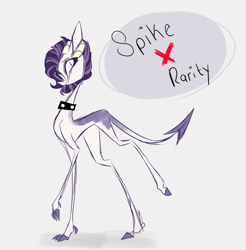 Size: 1980x2012 | Tagged: safe, artist:iheyyasyfox, oc, oc only, dracony, hybrid, choker, concave belly, gray background, horns, interspecies offspring, lanky, long legs, offspring, parent:rarity, parent:spike, parents:sparity, simple background, skinny, solo, spaded tail, spiked choker, tall, thin, thin legs, x0000 milestone