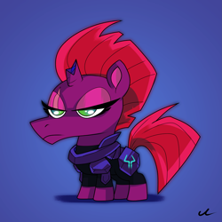 Size: 2625x2625 | Tagged: safe, artist:docwario, fizzlepop berrytwist, tempest shadow, pony, unicorn, g4, my little pony: the movie, angry, armor, broken horn, female, high res, horn, mare, simple background, smol, solo, storm king's emblem, tempest shadow is not amused, unamused