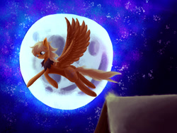 Size: 2828x2121 | Tagged: safe, artist:xskytheartist, oc, oc only, oc:leona sky, pegasus, pony, flying, high res, moon, night, pegasus oc, solo, wings