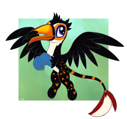 Size: 2400x2250 | Tagged: safe, artist:litrojia, oc, oc only, oc:tristão, bird, griffon, ocelot, toco toucan, toucan, toucan griffon, abstract background, beak, claws, commission, flying, griffon oc, high res, looking at you, male, open beak, open mouth, paws, smiling, solo, spots, spread wings, talons, tongue out, wings