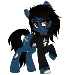 Size: 3000x3000 | Tagged: safe, artist:_spacemonkeyz_, earth pony, pony, undead, zombie, zombie pony, blood, bone, bring me the horizon, clothes, commission, fangs, glasgow smile, high res, long sleeves, male, oliver sykes, ponified, rainbow blood, scar, shirt, simple background, solo, stallion, stitches, tattoo, torn clothes, torn ear, transparent background
