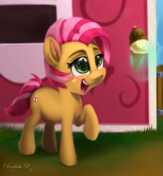 Size: 3011x3250 | Tagged: safe, artist:darksly, babs seed, earth pony, pony, g4, barn, cheek fluff, cutie mark, ear fluff, female, food, freckles, grass, high res, ice cream, implied sweetie belle, magic, offscreen character, raised hoof, signature, solo, telekinesis