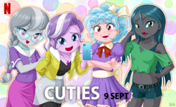 Size: 1400x854 | Tagged: safe, artist:uotapo, edit, cozy glow, diamond tiara, queen chrysalis, silver spoon, human, equestria girls, g4, age regression, background pony strikes again, belly button, belt, blushing, braided ponytail, caption, cellphone, clothes, compression shorts, cozybetes, cute, cute little fangs, cutealis, cuties, denim shorts, diamondbetes, dress, equestria girls-ified, fangs, female, glasses, iphone, jewelry, laughing, legs, looking at you, midriff, necklace, netflix, oh no, open mouth, phone, puffy sleeves, short shirt, shorts, silverbetes, skirt, thighs, this will end in fillycon, tomboy, we are going to hell, why, young, younger