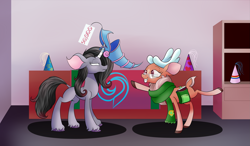 Size: 3073x1797 | Tagged: safe, artist:huffy26, cashmere (tfh), oleander (tfh), classical unicorn, deer, pony, unicorn, them's fightin' herds, cap'n'cash's, clothes, cloven hooves, community related, dark magician girl, duo, glasses, hat, high res, horn, leonine tail, oleander is not amused, party hat, scarf, smiling, store, unamused, unshorn fetlocks, yu-gi-oh!