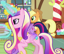 Size: 1468x1235 | Tagged: safe, screencap, applejack, carrot cake, princess cadance, twilight sparkle, alicorn, pony, g4, the one where pinkie pie knows, cake, cropped, folded wings, food, lidded eyes, magic, solo focus, telekinesis, twilight sparkle (alicorn), wings