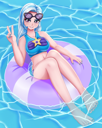 Size: 1600x2000 | Tagged: safe, artist:focusb, trixie, human, equestria girls, g4, adorasexy, barefoot, bikini, breasts, busty trixie, clothes, cute, diatrixes, feet, female, inner tube, legs, looking at you, midriff, nail polish, peace sign, sexy, smiling, solo, sunglasses, swimming pool, swimsuit, trixie's beach shorts swimsuit, water