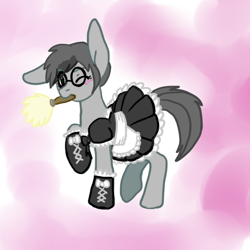 Size: 512x512 | Tagged: safe, artist:demonnyuu, oc, oc only, earth pony, pony, blushing, clothes, commission, digital art, female, glasses, maid, mare, mouth hold, one eye closed, simple background, solo, tail, wink