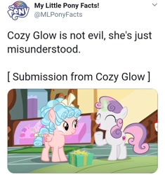 Size: 717x762 | Tagged: safe, cozy glow, sweetie belle, pegasus, pony, unicorn, g4, marks for effort, meta, my little pony facts, seems legit, text, twitter