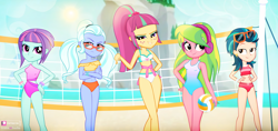 Size: 3698x1743 | Tagged: safe, artist:invisibleink, indigo zap, lemon zest, sour sweet, sugarcoat, sunny flare, equestria girls, g4, beach, belly button, bikini, clothes, crystal prep shadowbolts, female, glasses, hoodie, looking at you, midriff, one-piece swimsuit, shadow five, shadowbolts, sleeveless, sports, summer, sun, sunglasses, swimsuit, volleyball, volleyball net
